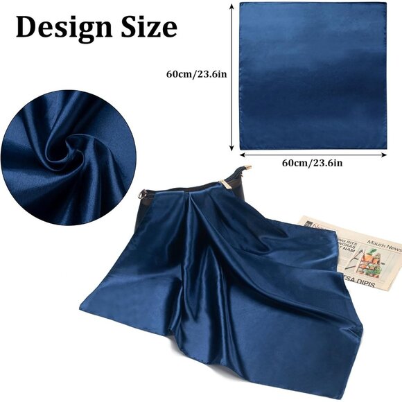 Women's Navy Blue Silk Feeling Scarf 23.6'' Square Satin Scarf Neck Head Bandana - Picture 3 of 7